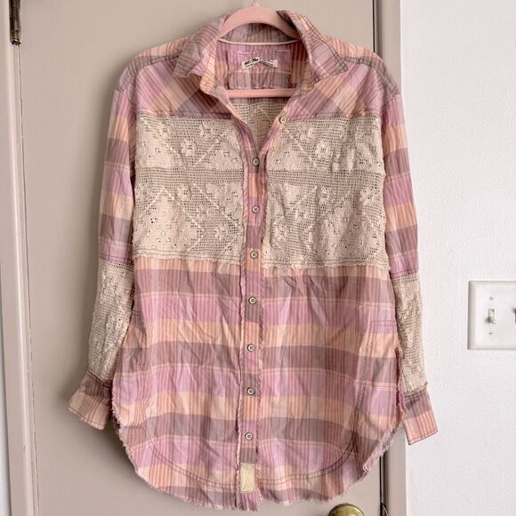 Free People We the Free Double Cross Lace Pink Plaid Top - Picture 2 of 7